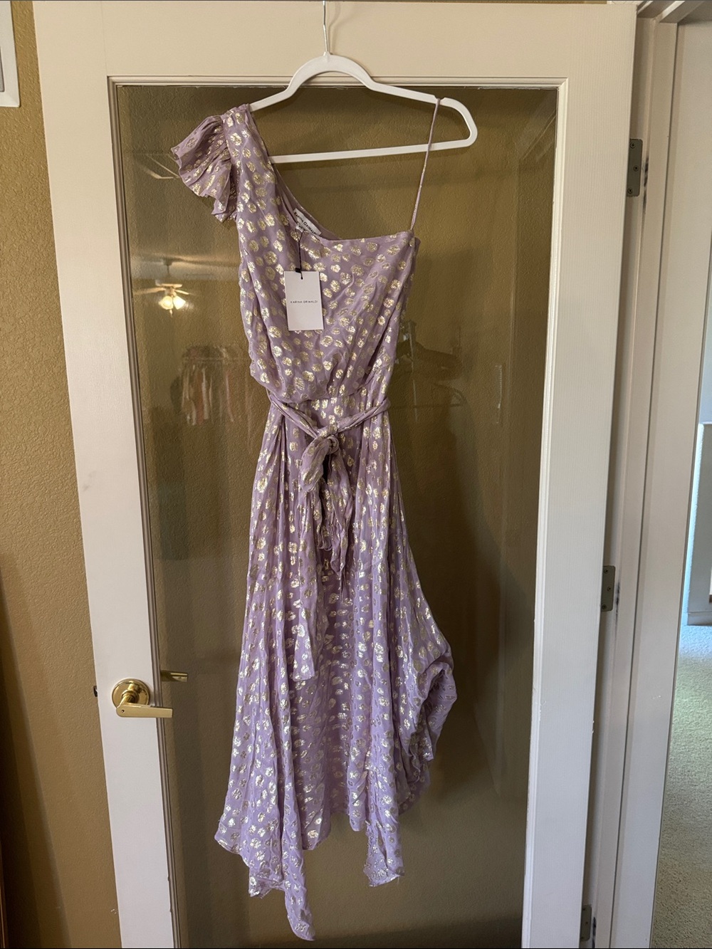 Karina Grimaldi Lavender One-Shoulder Asymmetrical Dress with Gold Print